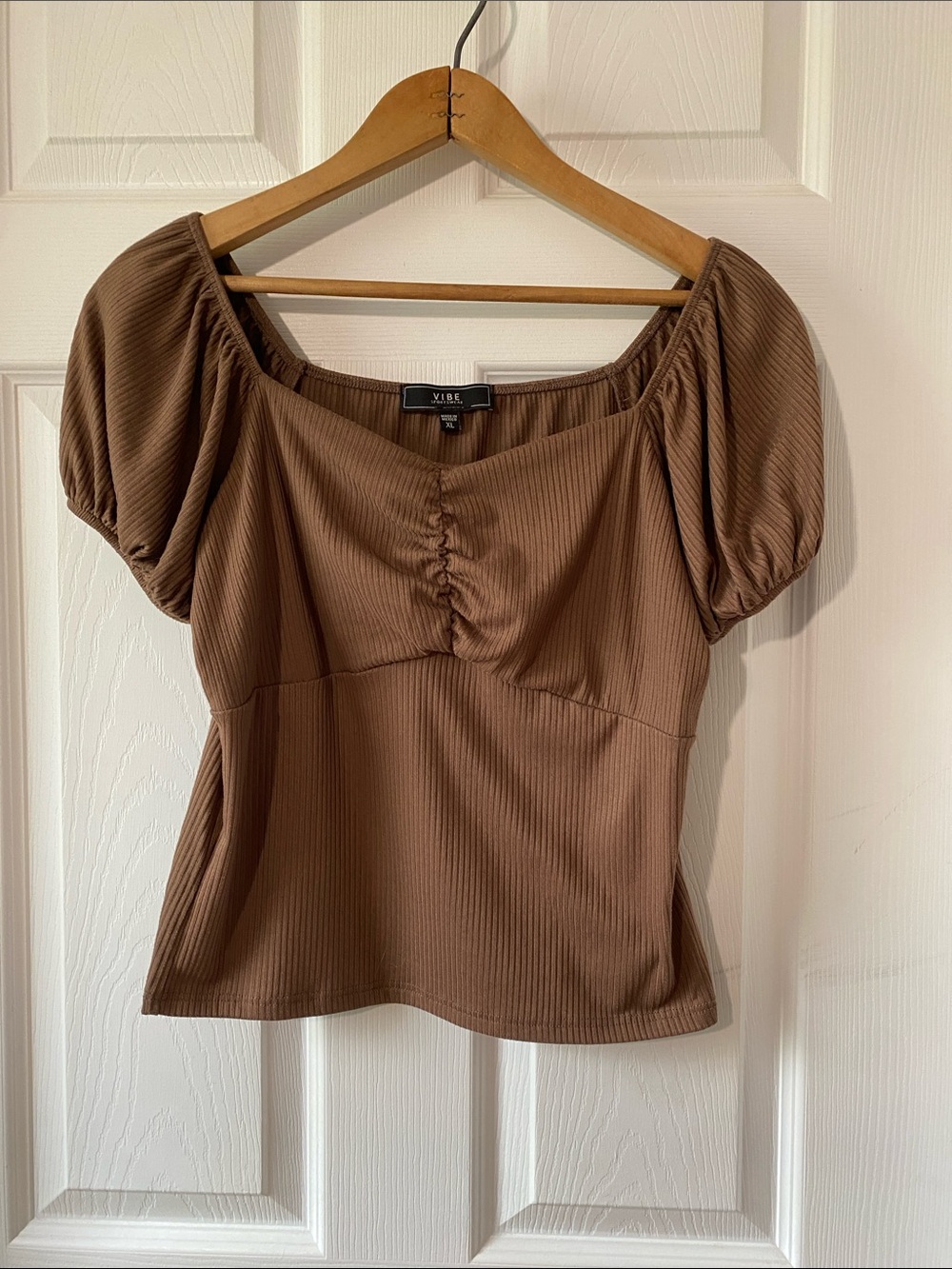 Vibe Chocolate Brown Ribbed Puff Sleeve Top Sweetheart Neck Stretch XL